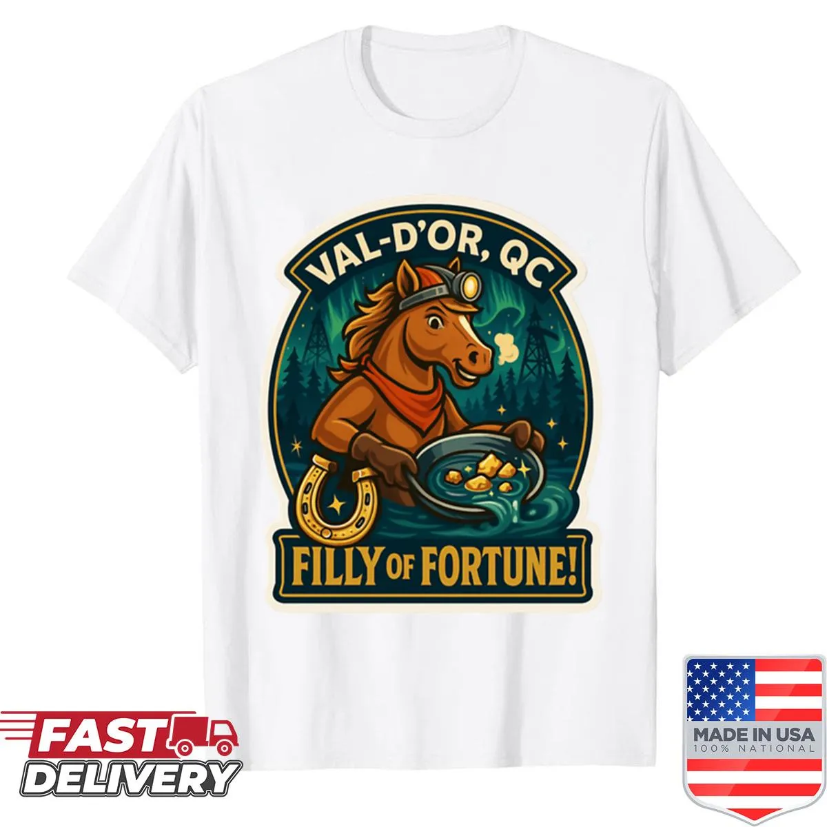 Shirt featuring a filly and gold-panning design