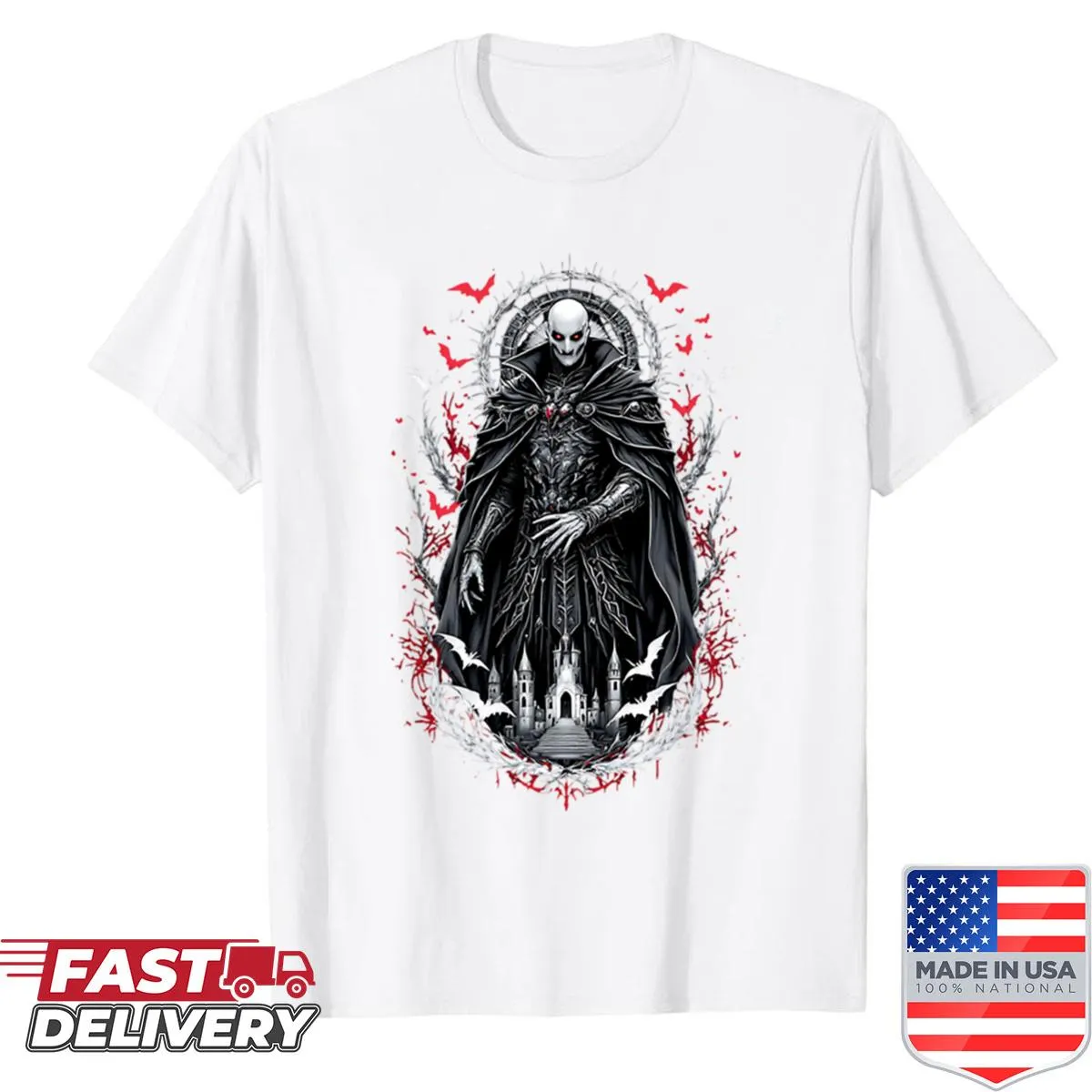 Fantasy-themed t-shirt featuring a Vampire King on a crimson throne