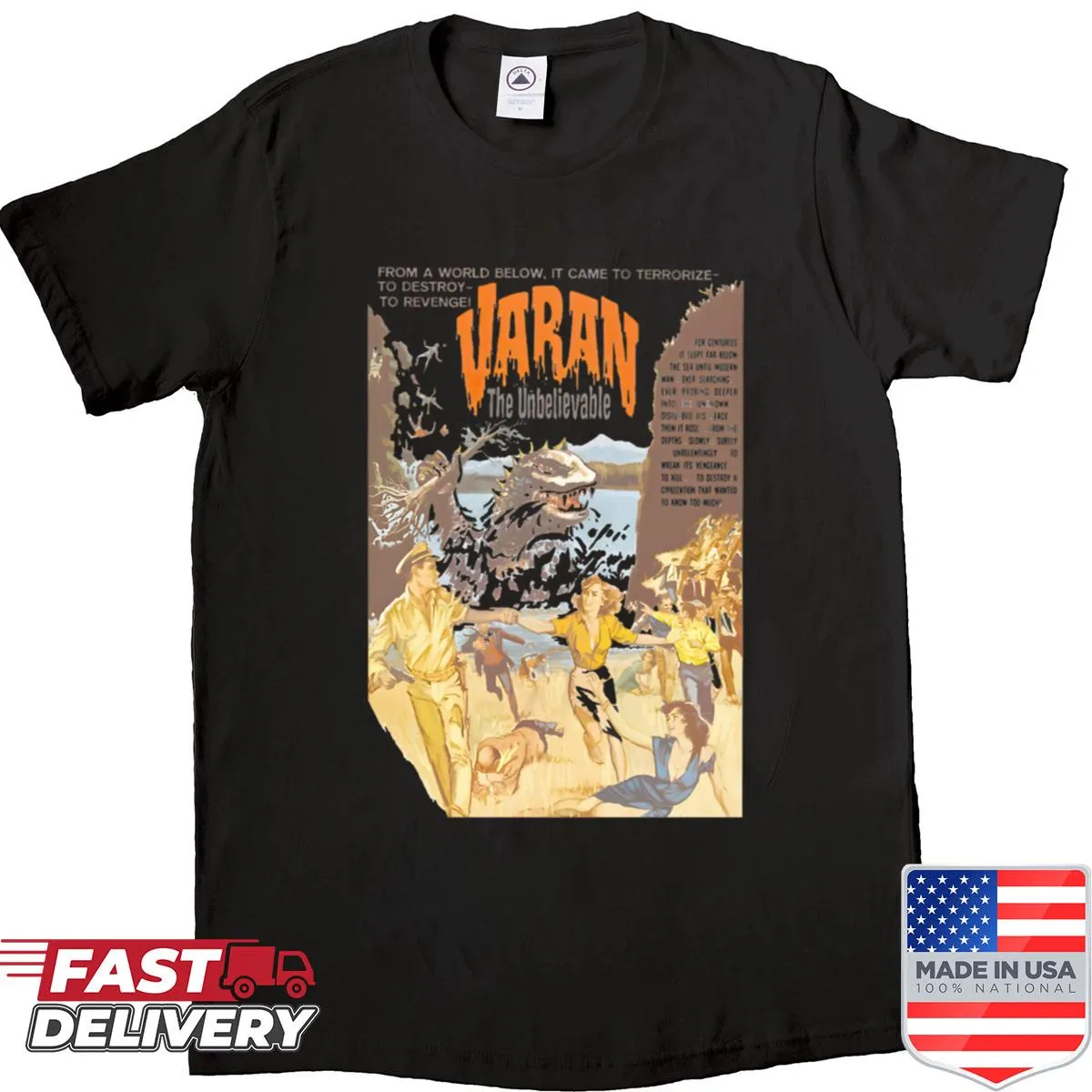 Graphic T-shirt featuring Varan the Kaiju in action