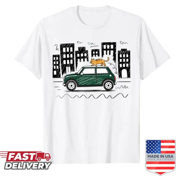 Shirt featuring a cat in a vintage car design