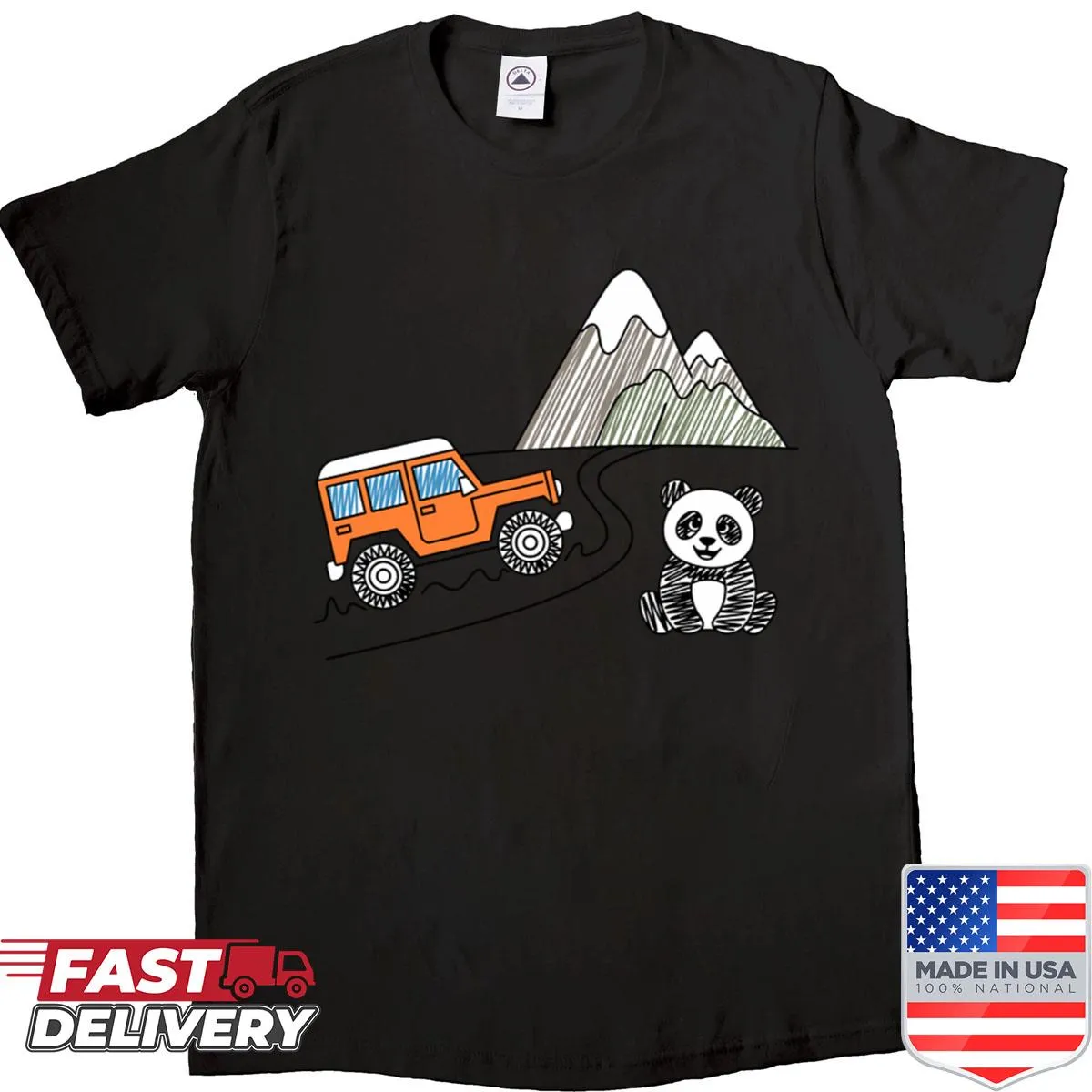 Vintage style shirt featuring a cartoon panda driving a classic car