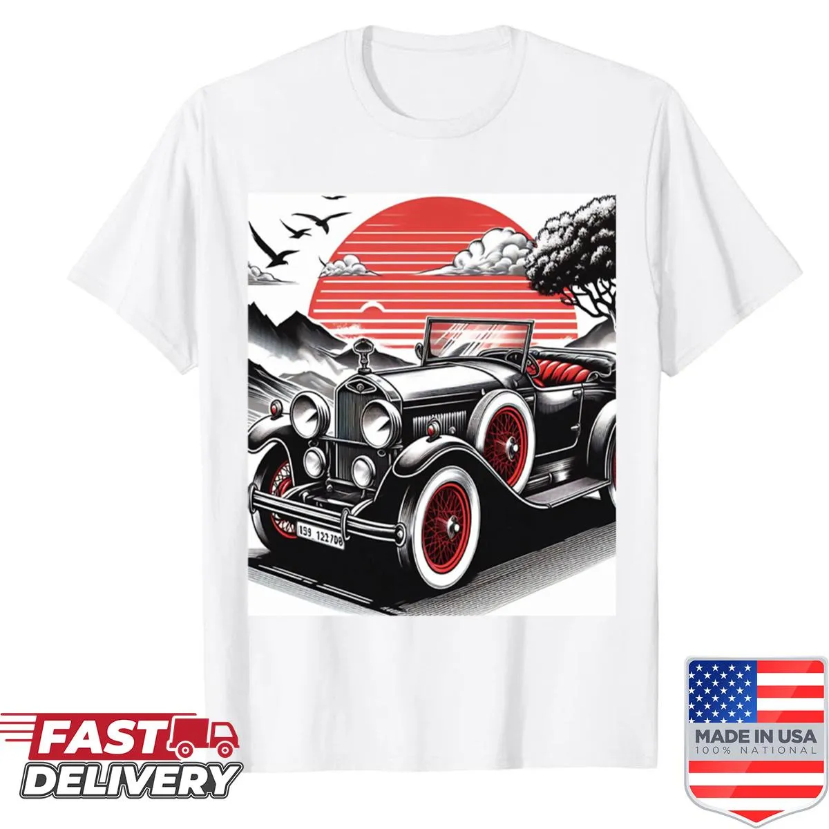 Vintage graphic of a classic car on a shirt
