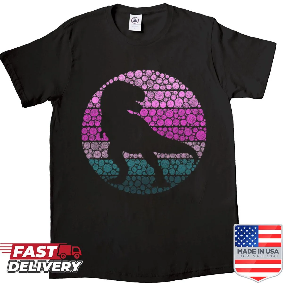 Vintage dinosaur design with cheerful cartoon dinosaurs on a dotted background.