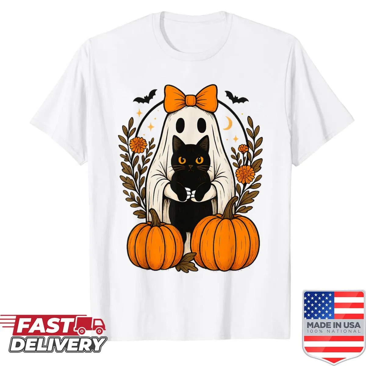 Vintage Halloween shirt with ghost, black cat, and pumpkin