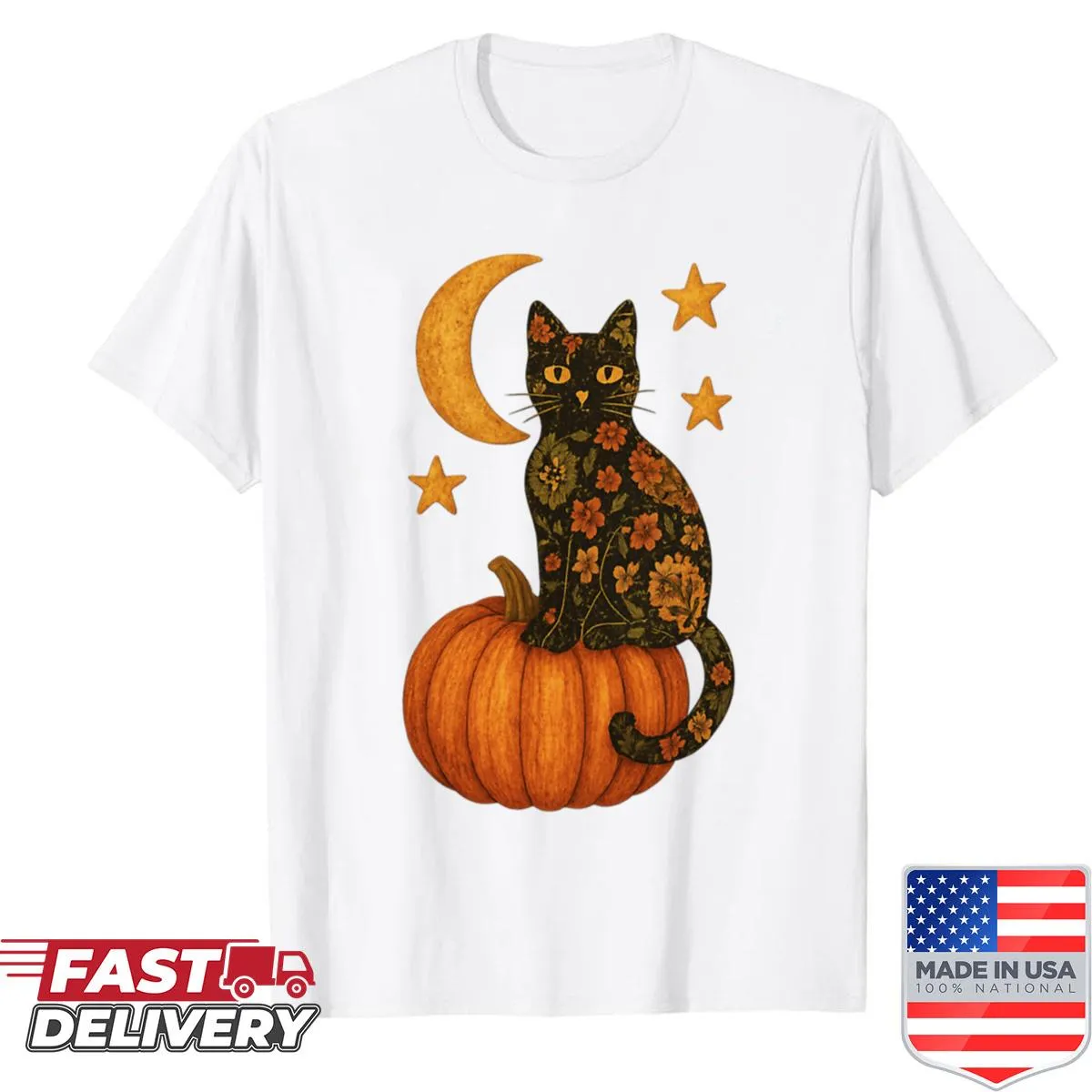 Vintage Halloween shirt featuring a playful black cat
