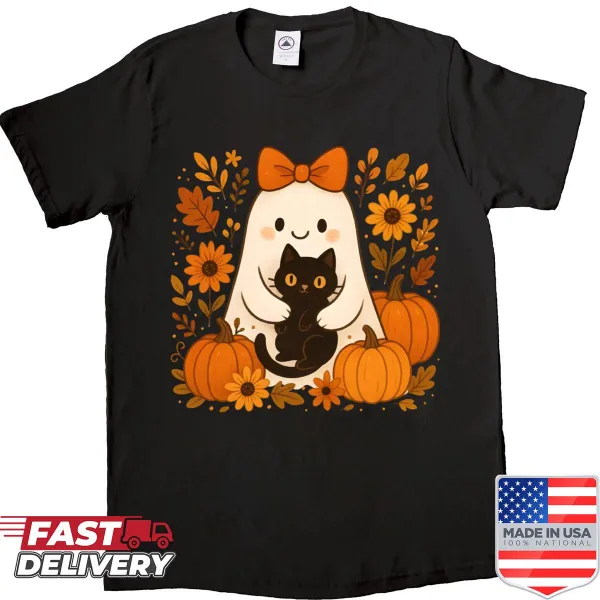 Vintage Halloween shirt featuring a ghost and black cat with floral elements.