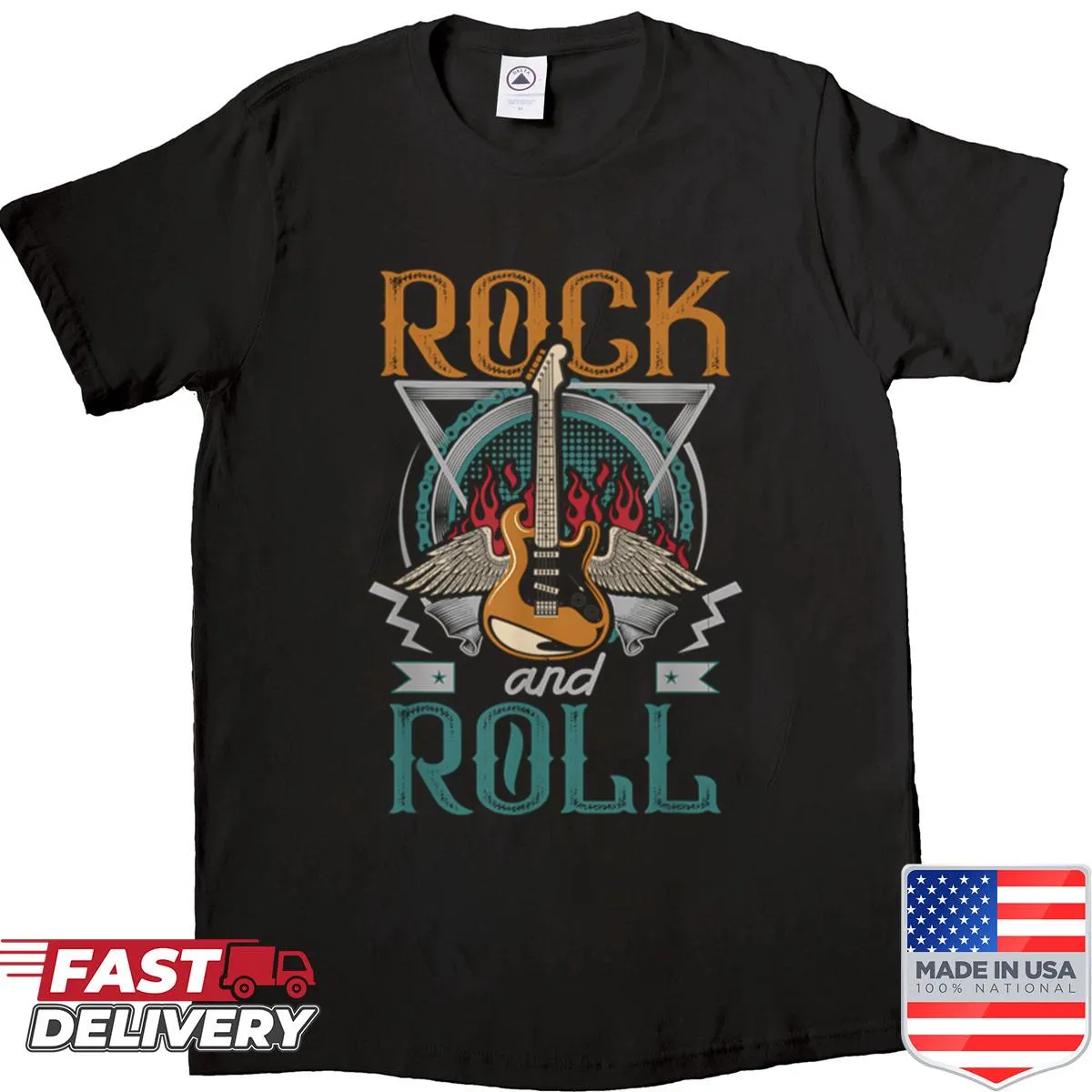 Vintage 80s rock shirt with guitars and wings graphic