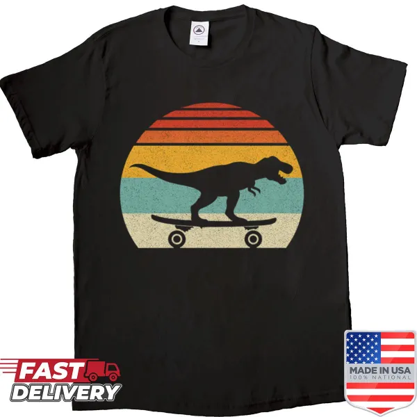 Vintage distressed T-rex graphic riding a skateboard.