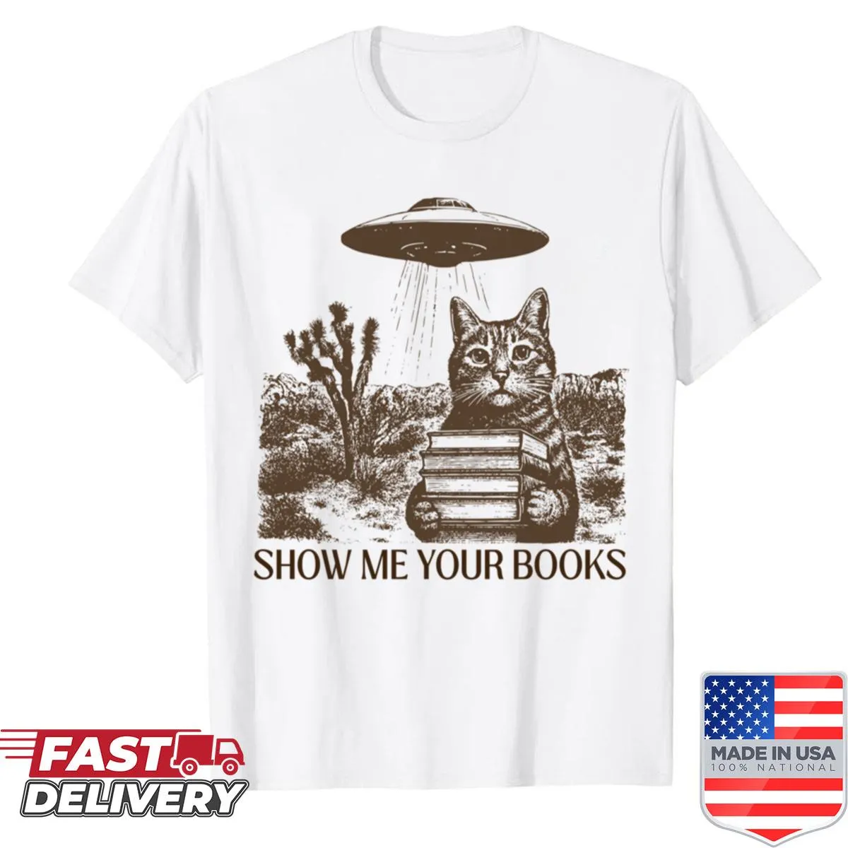 Minimalist vintage cat and UFO illustration with book theme