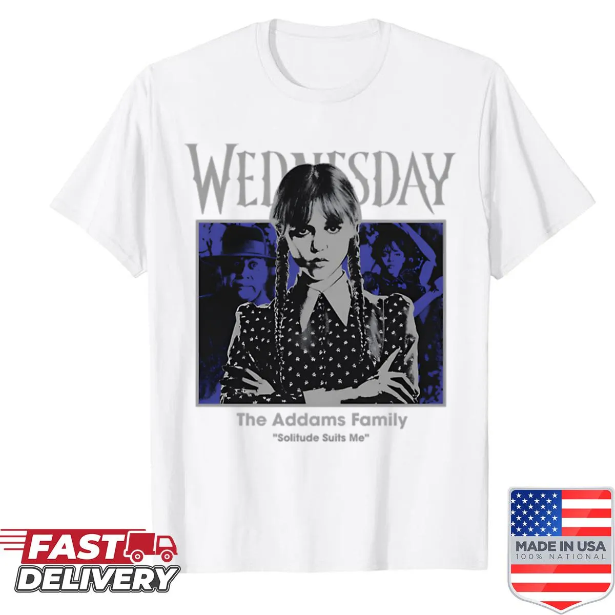 Illustration of Wednesday Addams from The Addams Family on a shirt