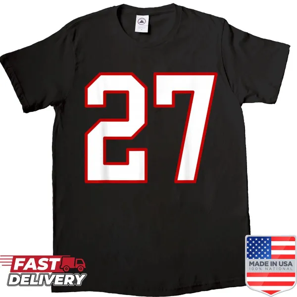 White shirt featuring red number 27 in a jersey style