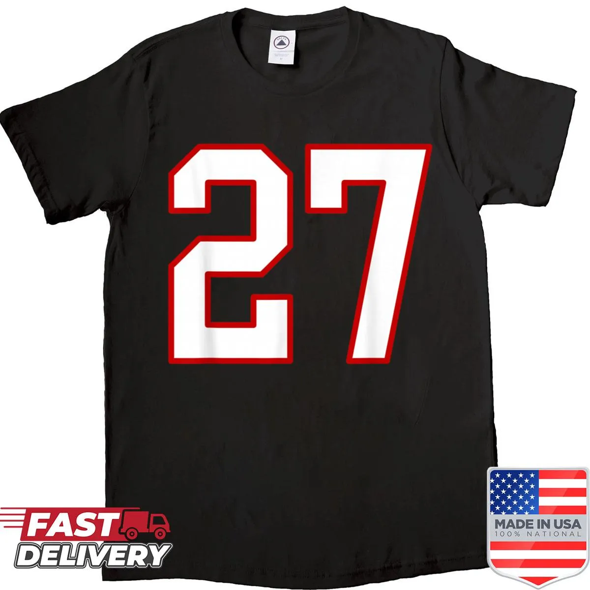White shirt featuring red number 27 in a jersey style