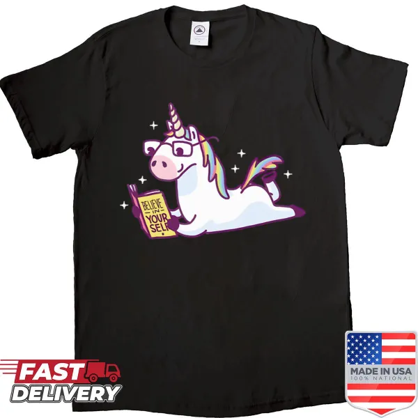 Illustration of a wise unicorn reading a book with a motivational theme