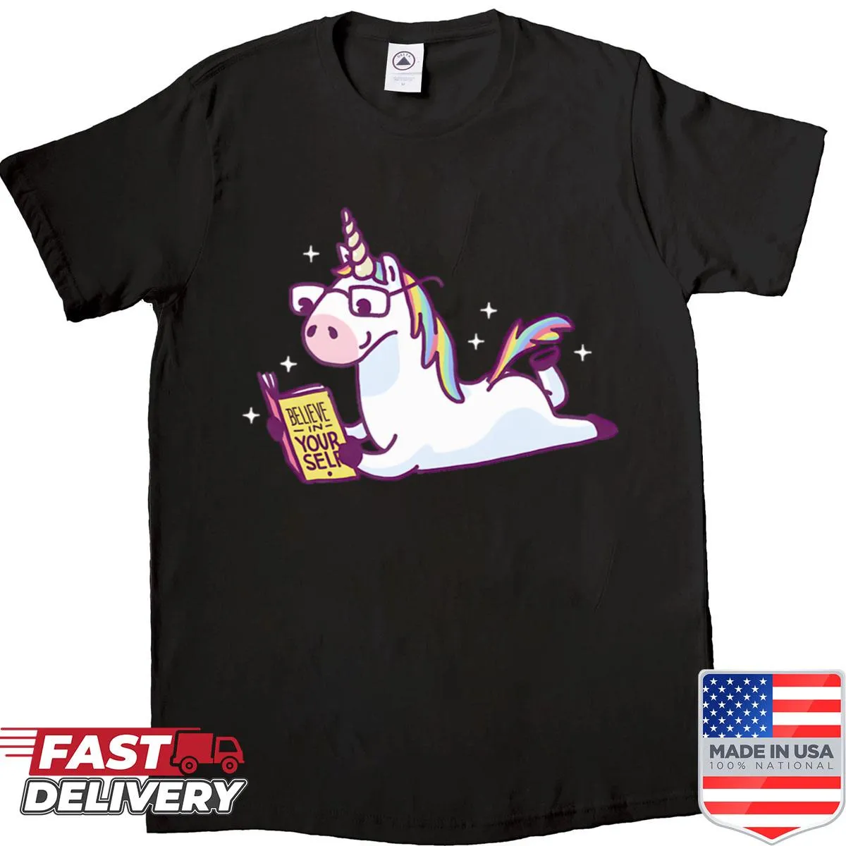 Illustration of a wise unicorn reading a book with a motivational theme