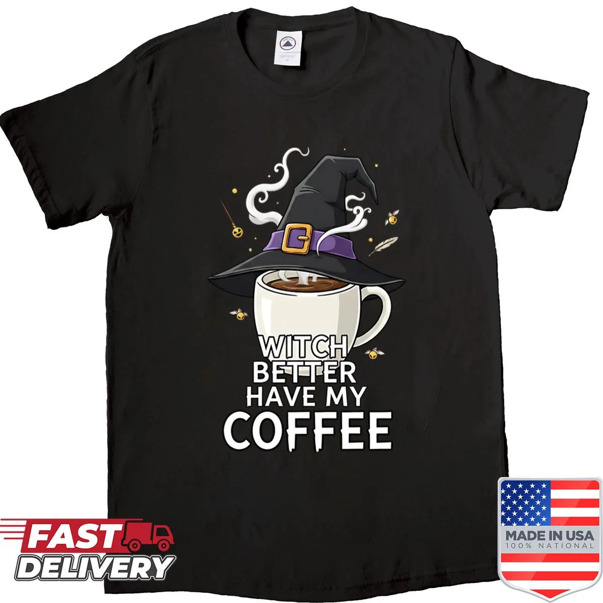 Oversized T-shirt with witch graphic and coffee saying