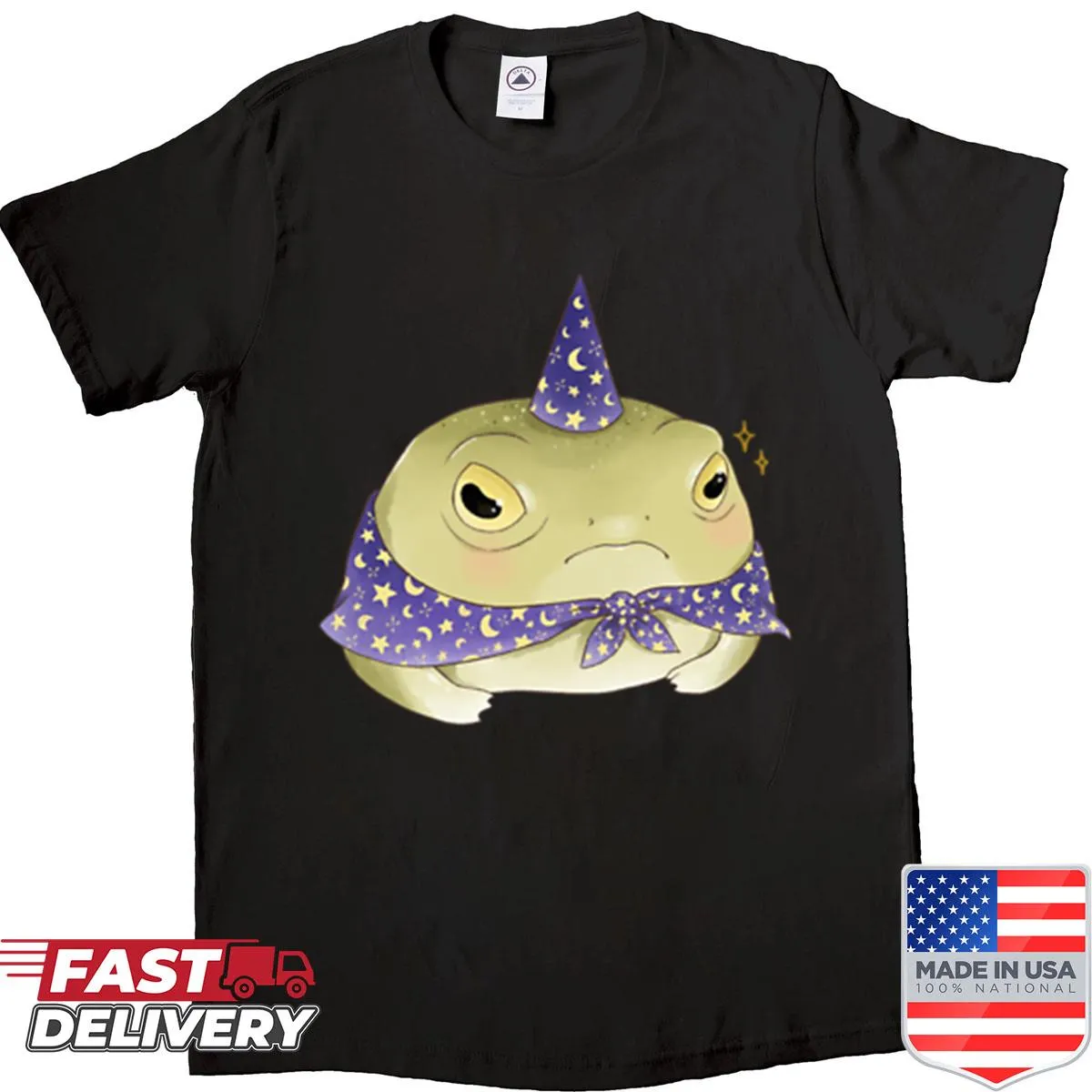 Cartoon wizard frog with hat and staff on a fun T-shirt