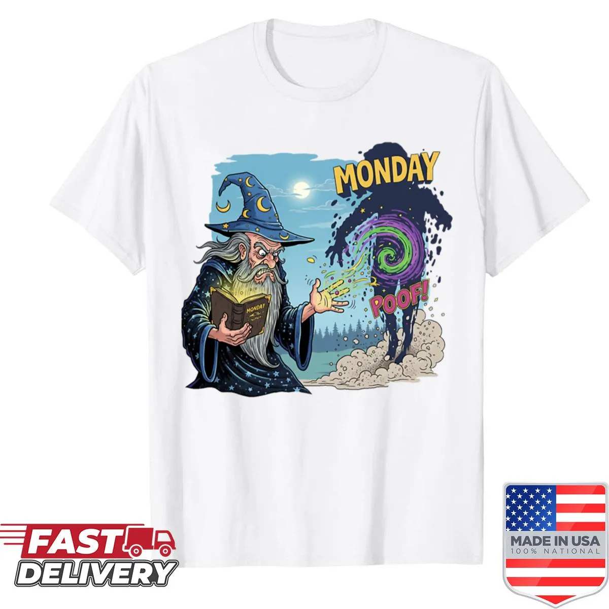 Playful wizard graphic battling against Monday on a shirt.