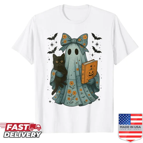 Retro Halloween shirt featuring a black cat, ghost, and book design