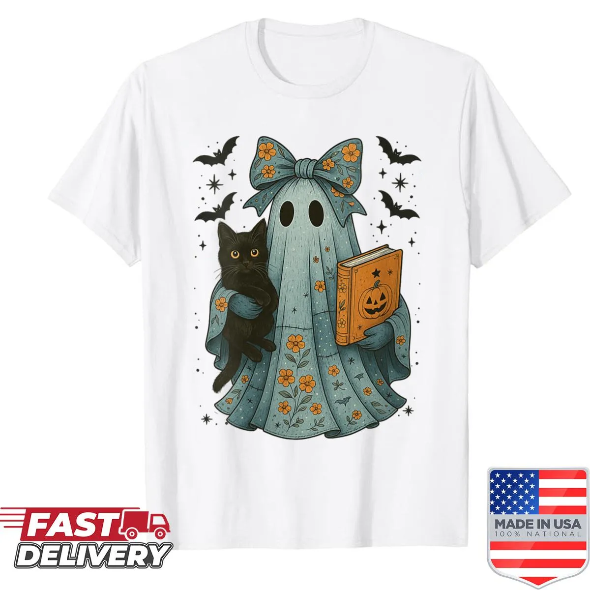 Retro Halloween shirt featuring a black cat, ghost, and book design