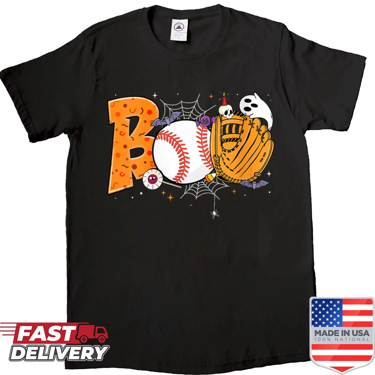 Halloween-themed shirt with baseball player in ghost costume design