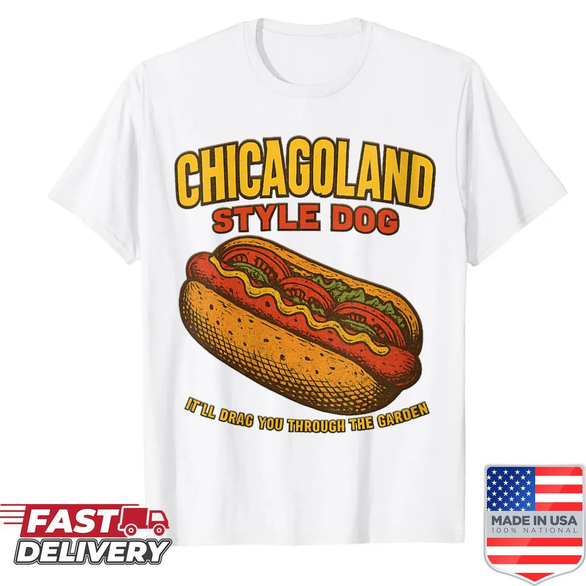 Graphic shirt featuring a Chicagoland hot dog illustration