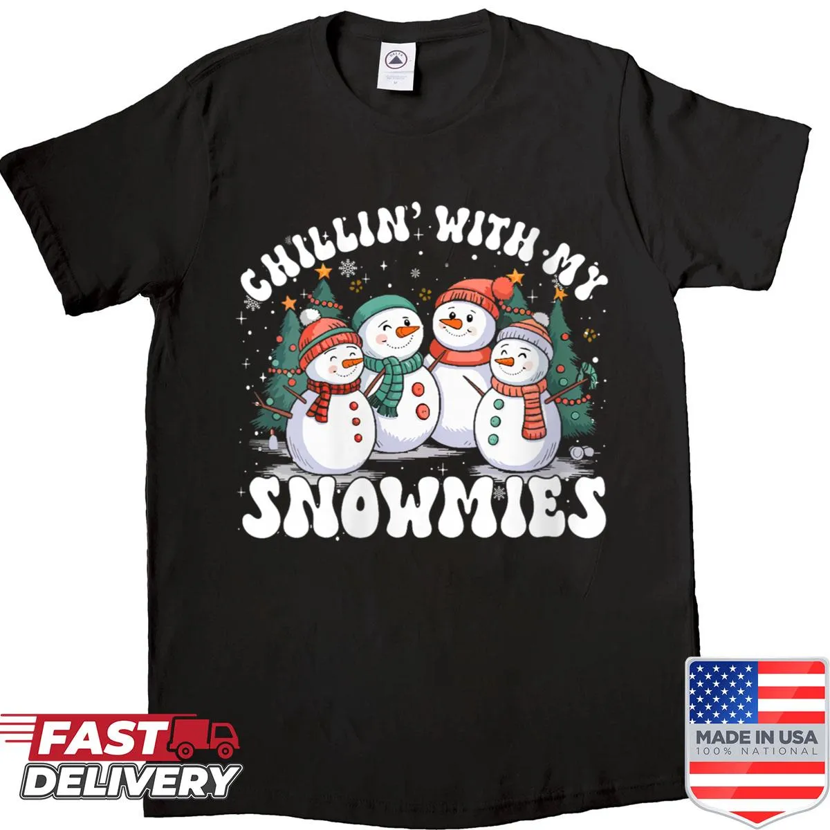 Funny Christmas shirt with cheerful snowmen and humorous text