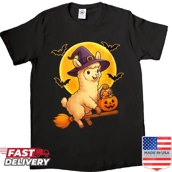 Cute Halloween shirt featuring a llama witch and pumpkins