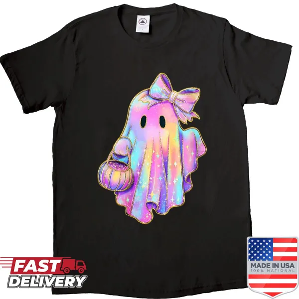 Charming ghost with bow and pumpkin for Halloween shirt