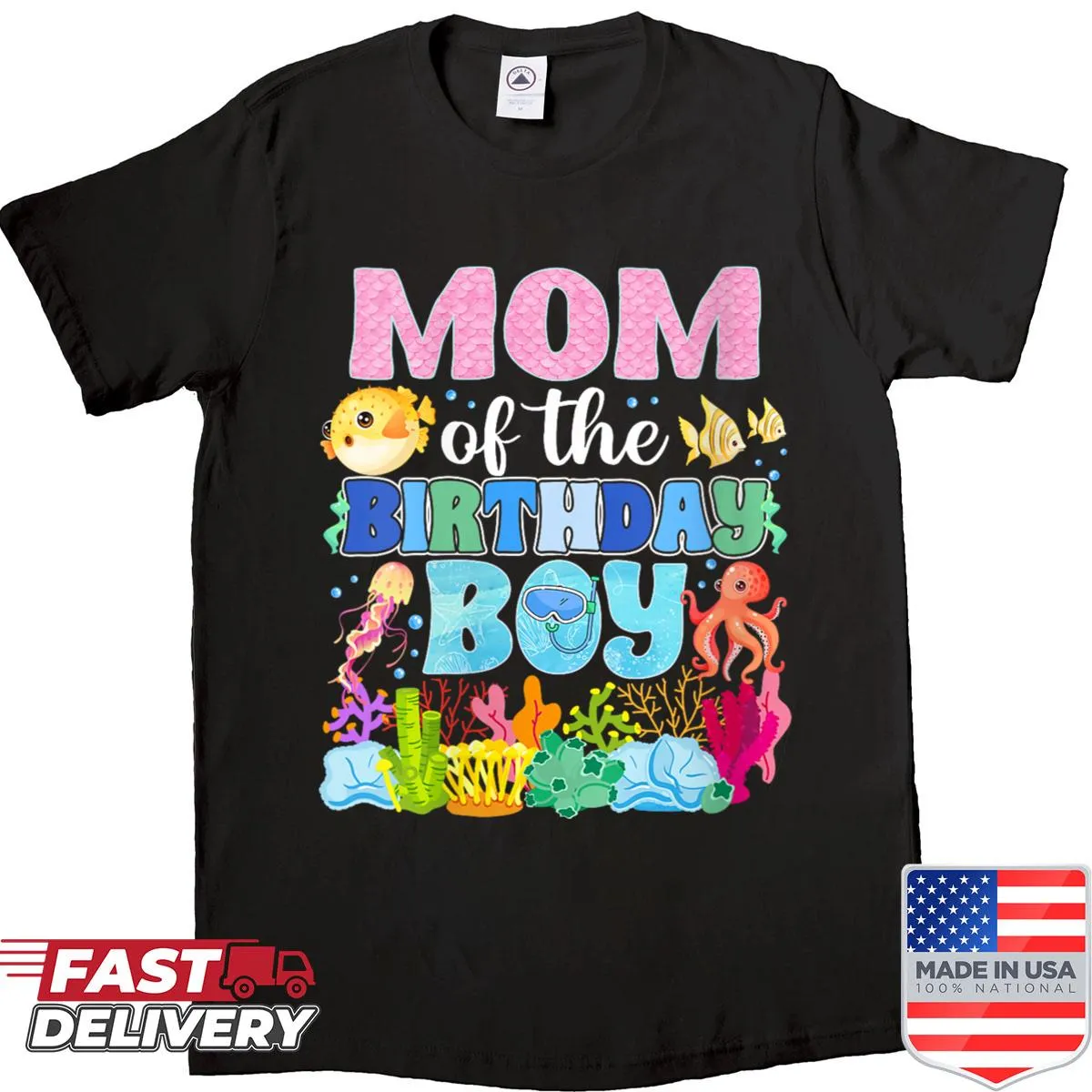 Shirt for moms featuring aquarium animals and birthday theme