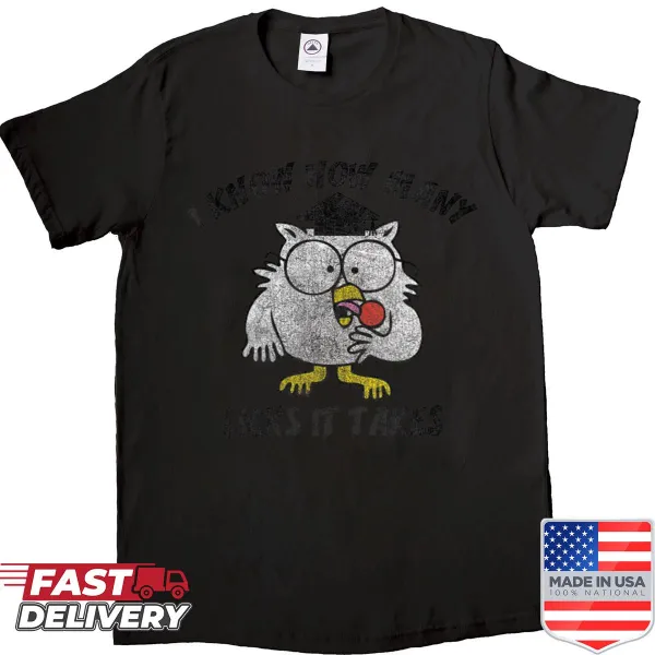 Mr. Owl graphic t-shirt referencing candy ad with humorous text.