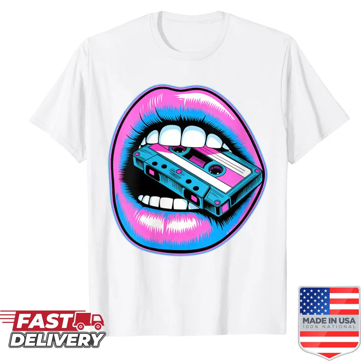 Retro 80s t-shirt with vibrant lips and cassette tape graphic