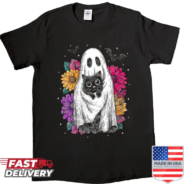 Halloween-themed t-shirt with ghost and black cat design