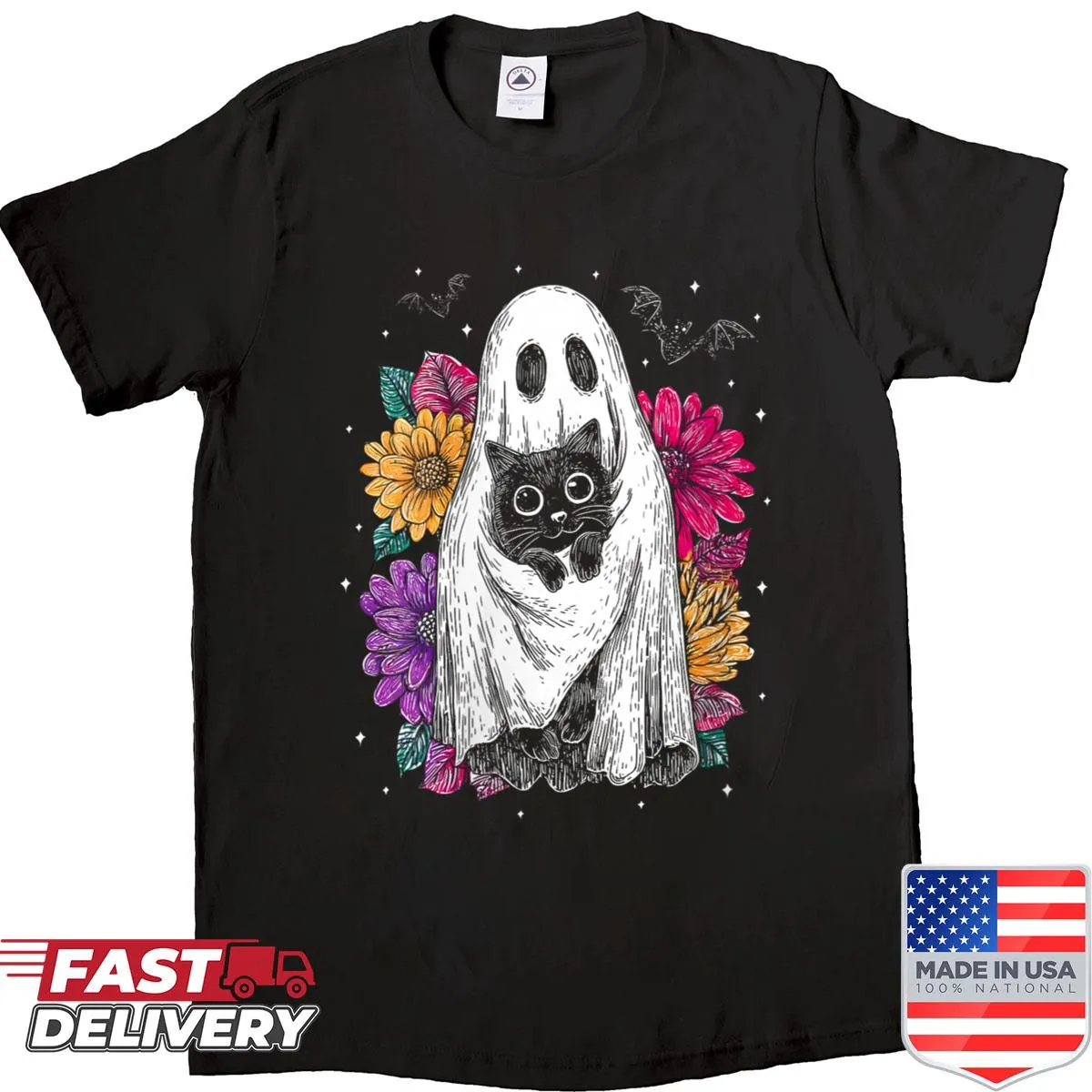 Halloween-themed t-shirt with ghost and black cat design