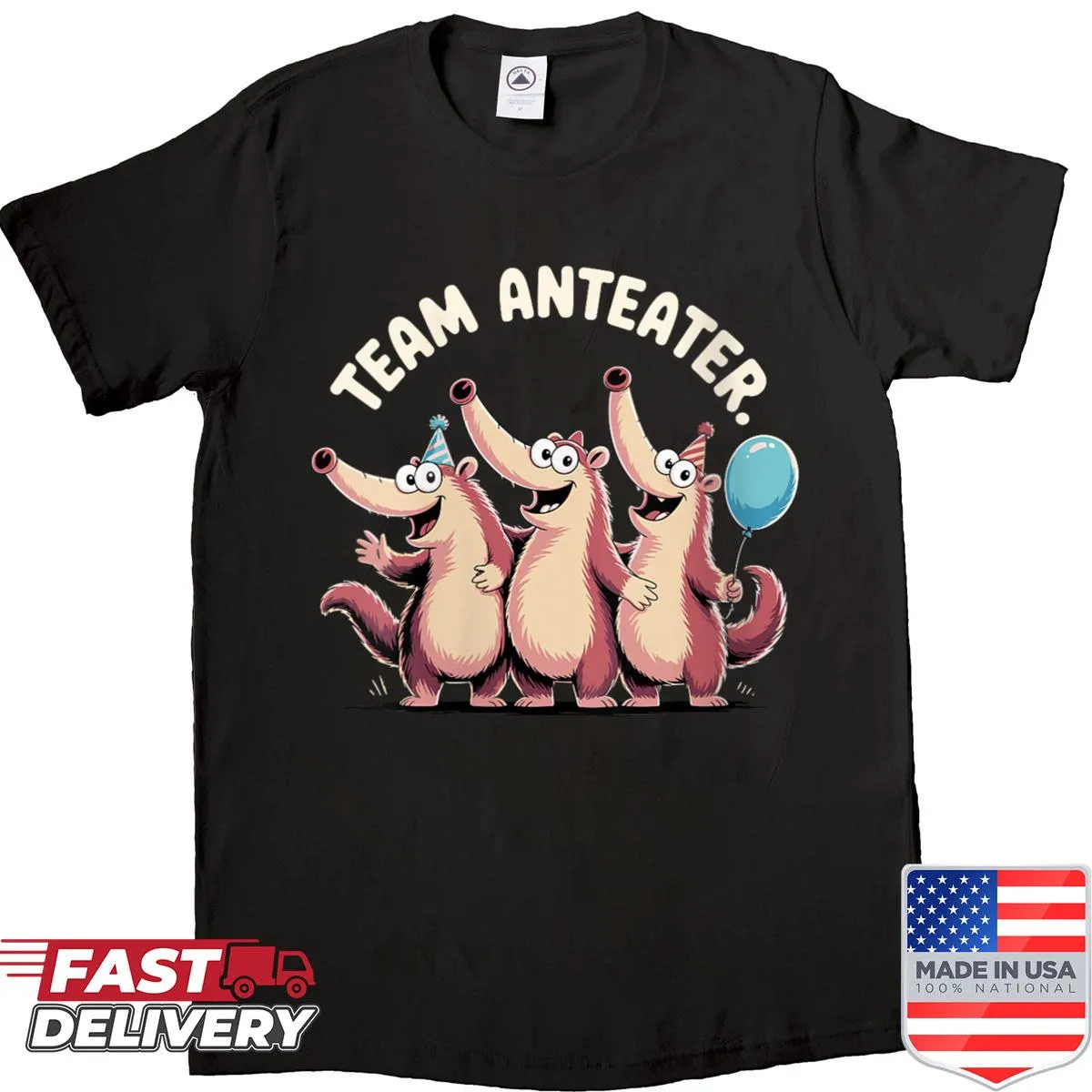 Cute cartoon anteater design on T-shirt with 'Team Anteater' text
