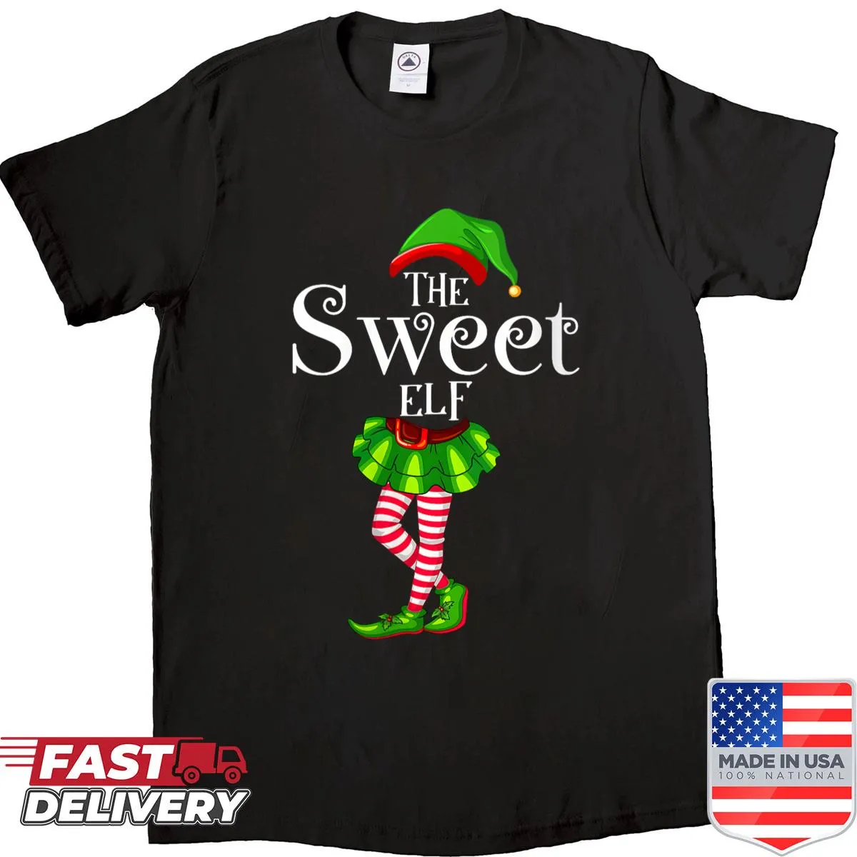 Matching family Christmas pajama shirt with an elf graphic