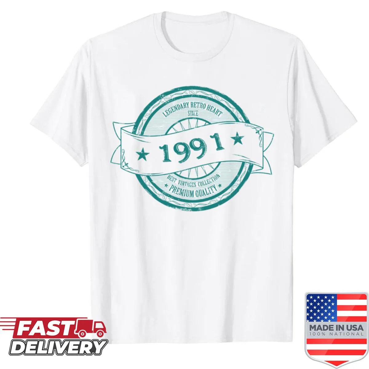 Vintage style shirt featuring a retro circle logo from 1991