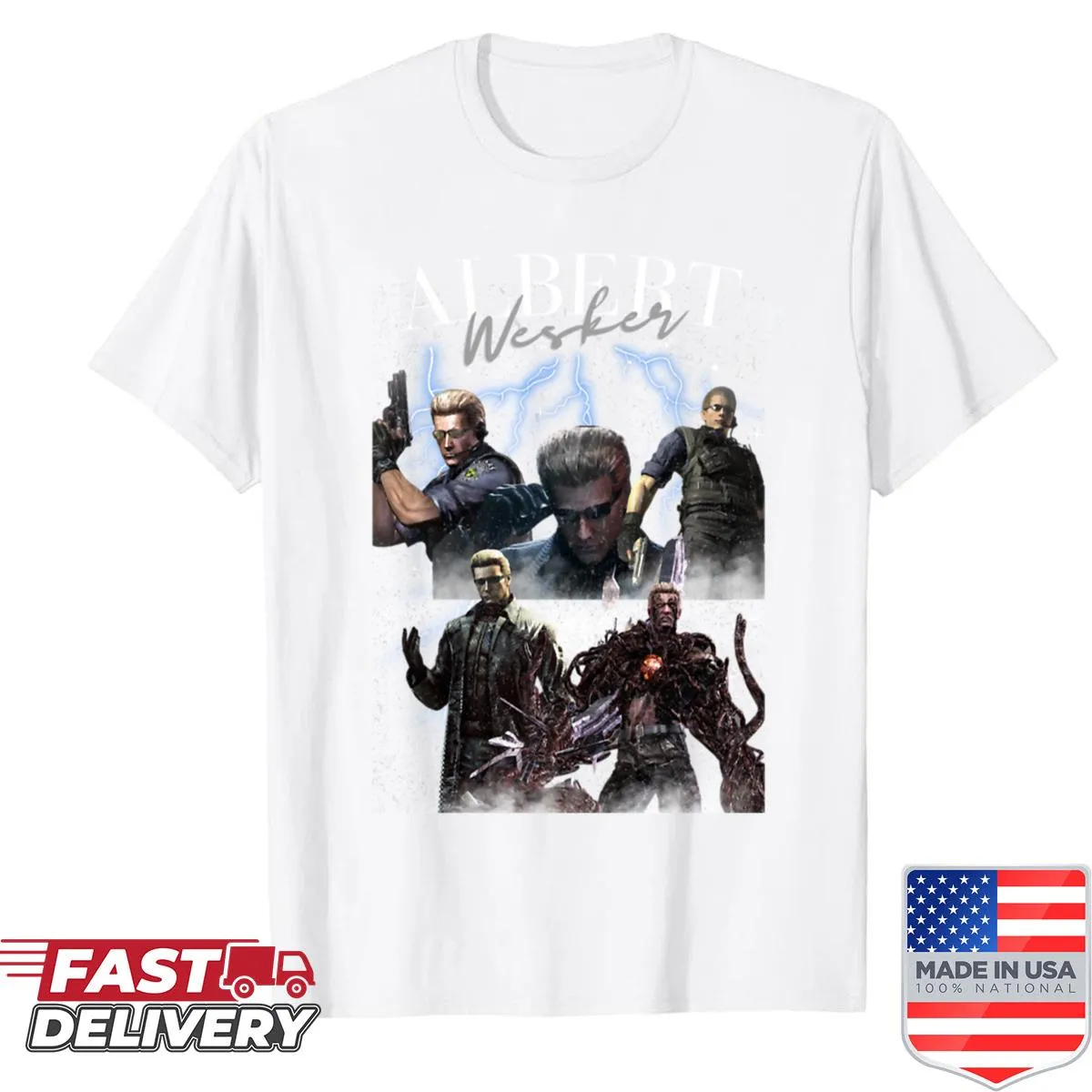 Collage shirt featuring iconic imagery of Albert Wesker from the game