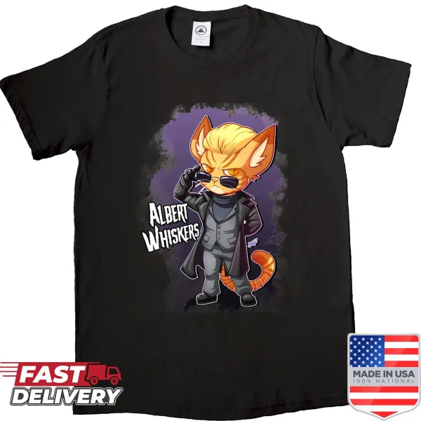 Whimsical cat graphic shirt featuring 'Albert Whiskers'