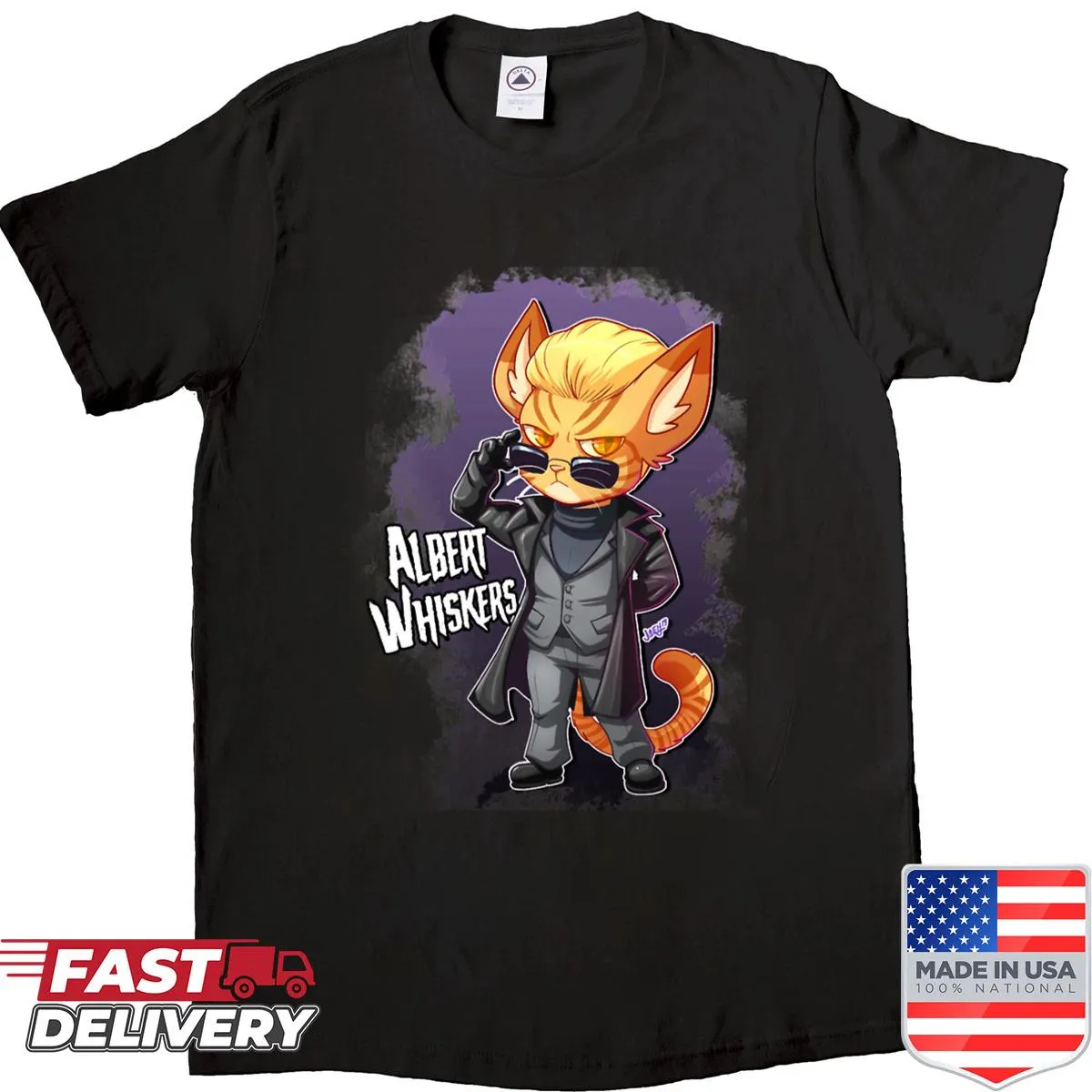 Whimsical cat graphic shirt featuring 'Albert Whiskers'