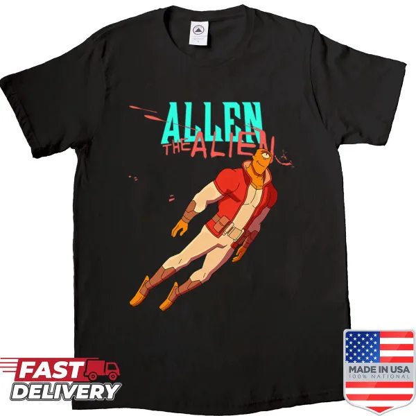 Illustration of Allen the Alien on a whimsical shirt design.