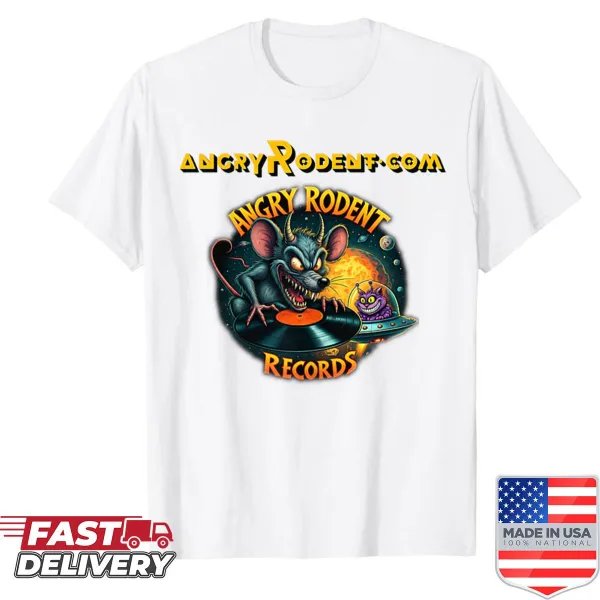 Edgy T-shirt with Angry Rodent Records graphic in vintage style