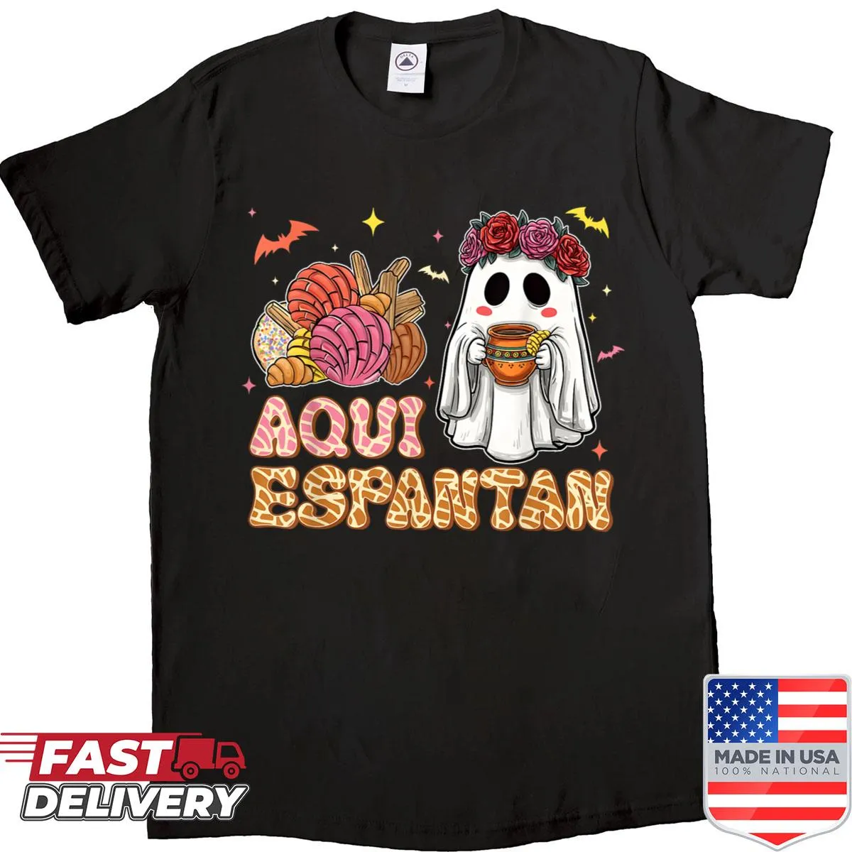 Illustrated shirt with 'Aqui Espantan' and ghost graphics