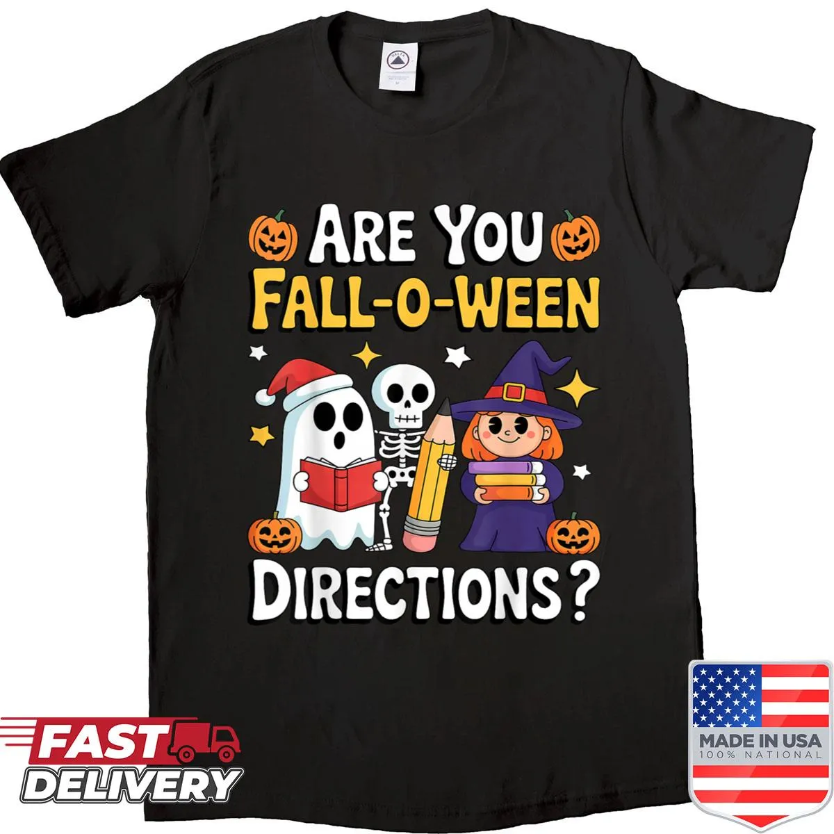 Funny Halloween teacher shirt with playful directions and jokes