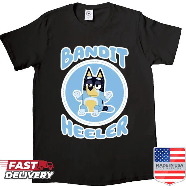 Cartoon bandit helmet graphic on a playful shirt.