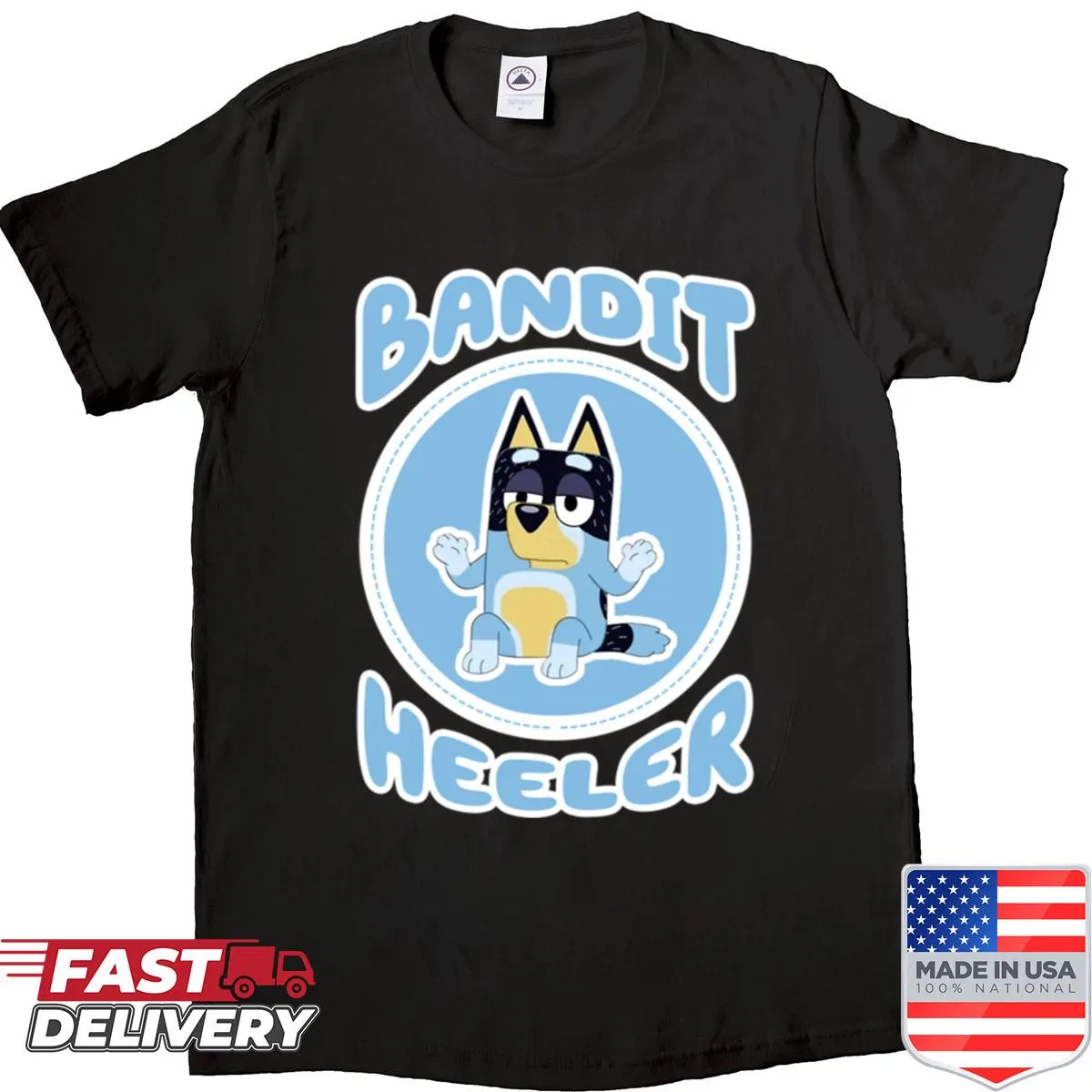 Cartoon bandit helmet graphic on a playful shirt.