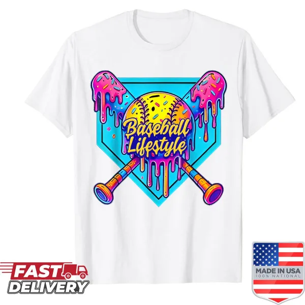 Youth baseball shirt with ice cream illustration and playful design.