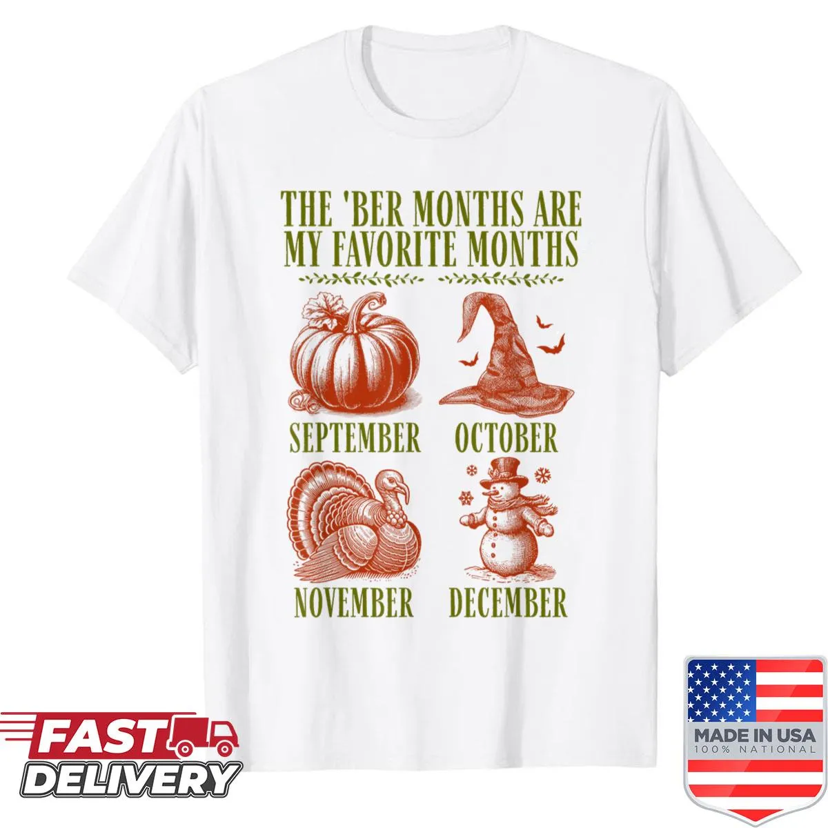 Retro graphic tee celebrating the 'ber months of autumn and winter.