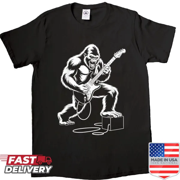 Bigfoot in a rocker pose with UFO and selfie design shirt