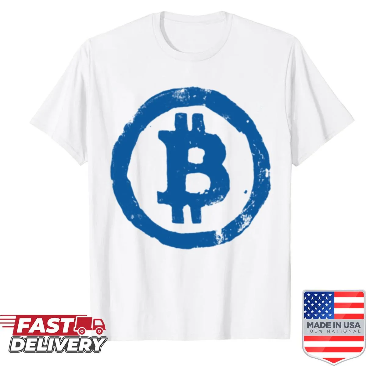 Grunge-style Bitcoin logo on blue shirt, edgy design for crypto fans