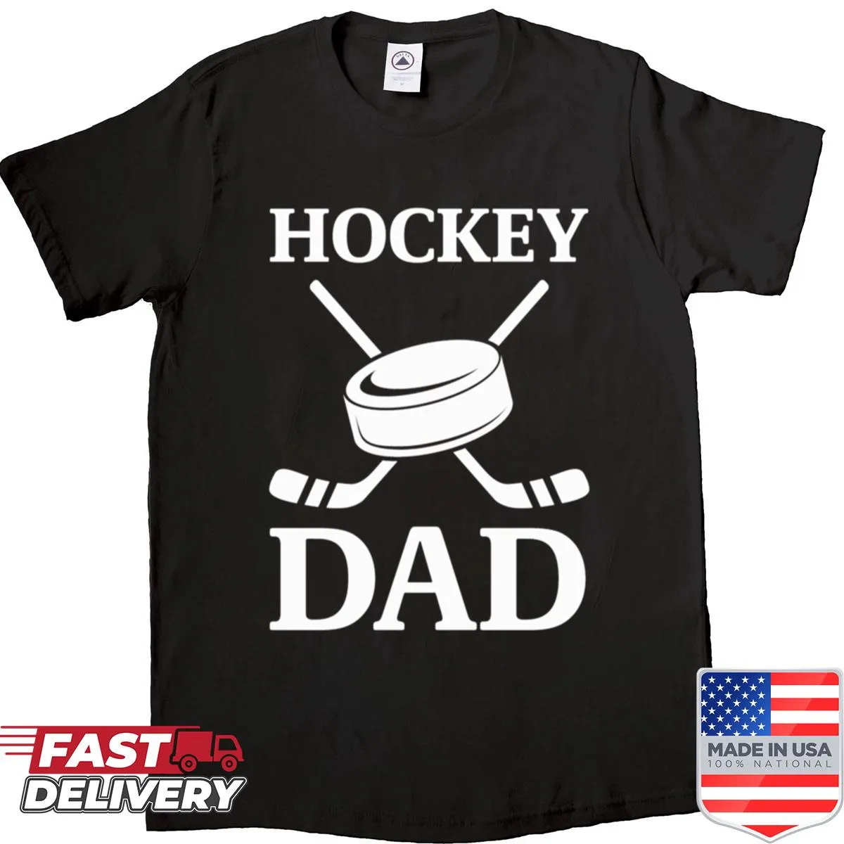 Bold hockey dad logo graphic on proud T-shirt